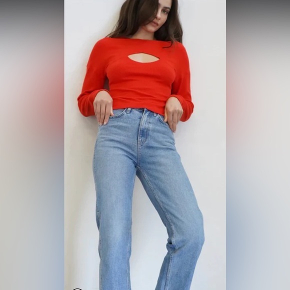 Lna Clothing Sweater Red Ribbed Peekaboo Sweater Size 2x Long Sleeve Mock Neck